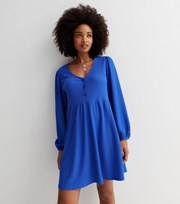New Look Bright Blue Crinkle V Neck Button Front Long Sleeve Mini Smock Dress